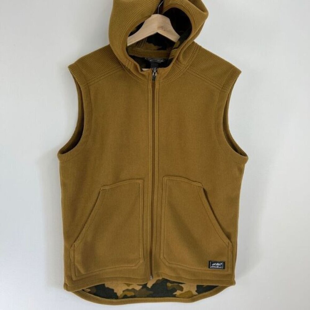 Eddie Bauer Men’s Medium Brown Tan Camo Fleece Ribbed Lined Hooded Vest Jacket